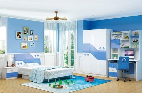 Thảm với tông này màu xanh, căn phòng này là của bé trai